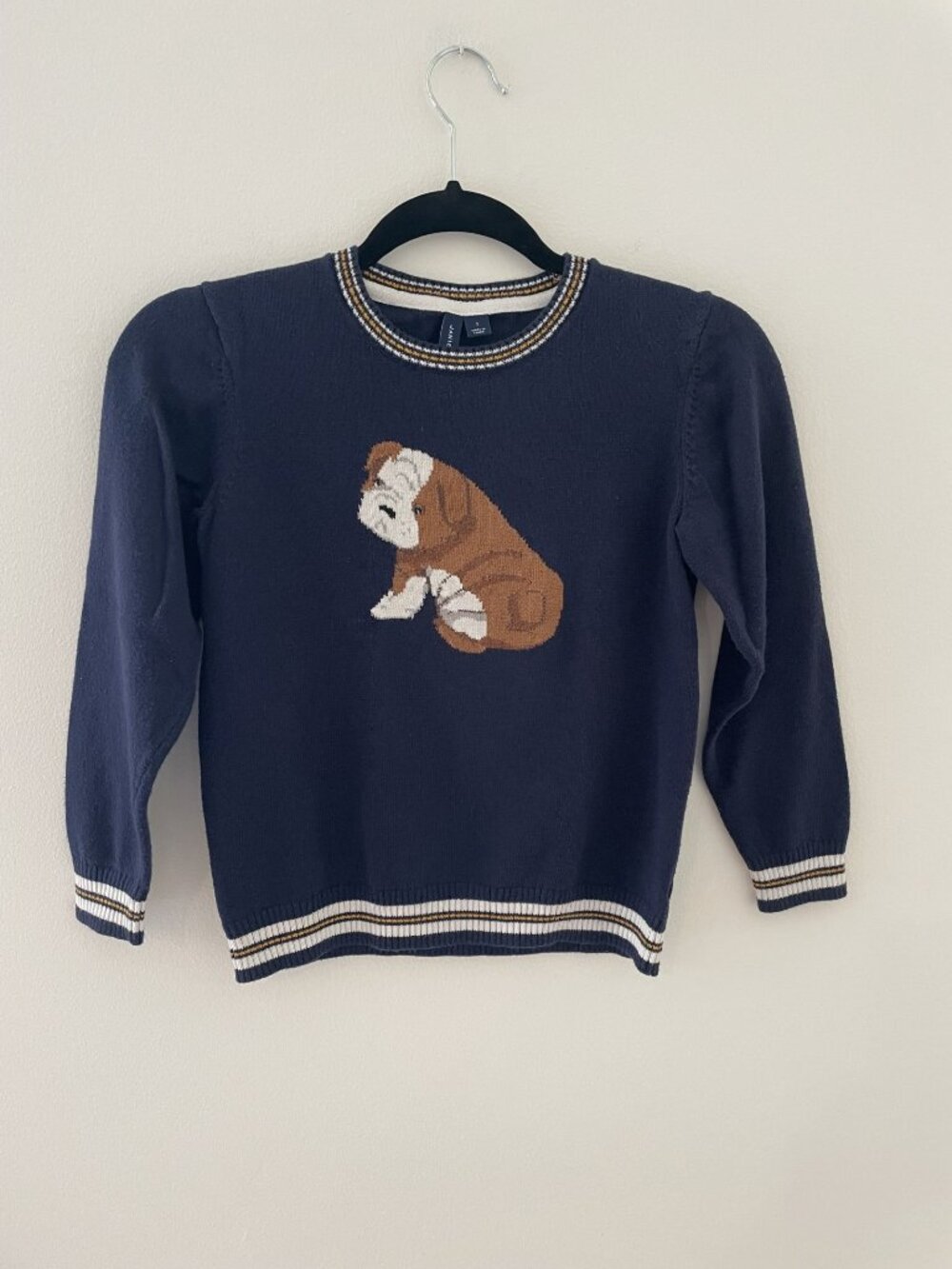 Janie and Jack Navy Bulldog sweater 7 yellow/white/trim